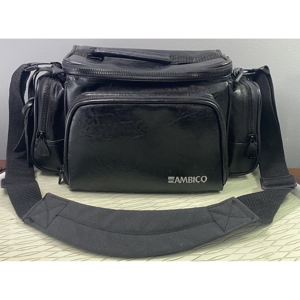 Vintage AMBICO Black Leather Camcorder/Camera Carry Case Bag Adj. Shoulder Strap